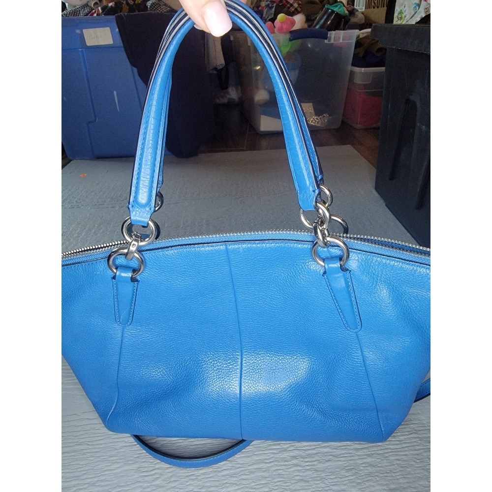 Coach Kelsey Satchel Cobalt Blue Pebbled Leather Crossbody Handbag Medium - Picture 4 of 14